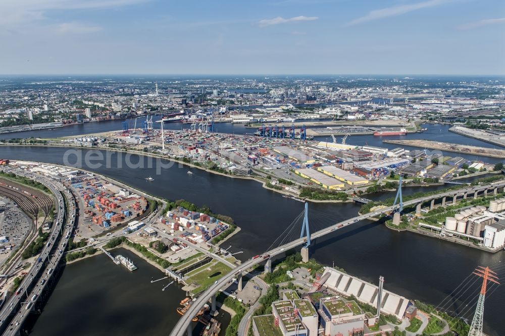 Hamburg from above - Container Terminal Tollerort in the port of the international port in district Steinwerder in Hamburg with sewage works Koehlbrandhoeft