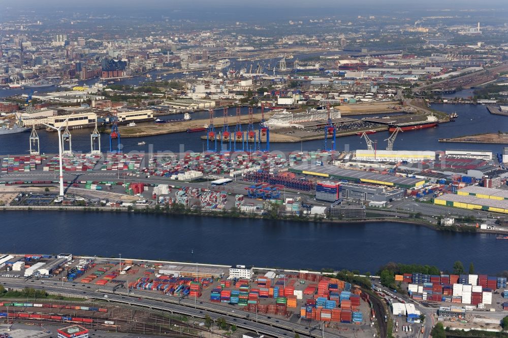 Aerial image Hamburg - Container Terminal Tollerort in the port of the international port in district Steinwerder in Hamburg with sewage works Koehlbrandhoeft