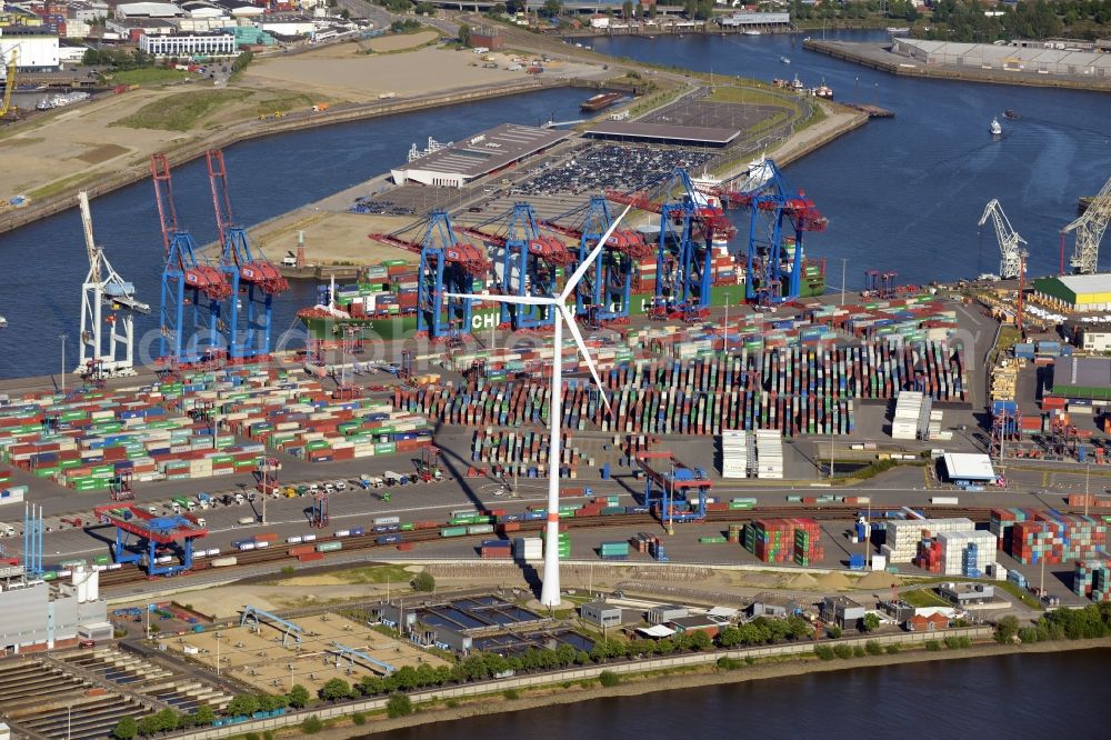 Aerial photograph Hamburg - Container Terminal Tollerort in the port of the international port in district Steinwerder in Hamburg with sewage works Koehlbrandhoeft