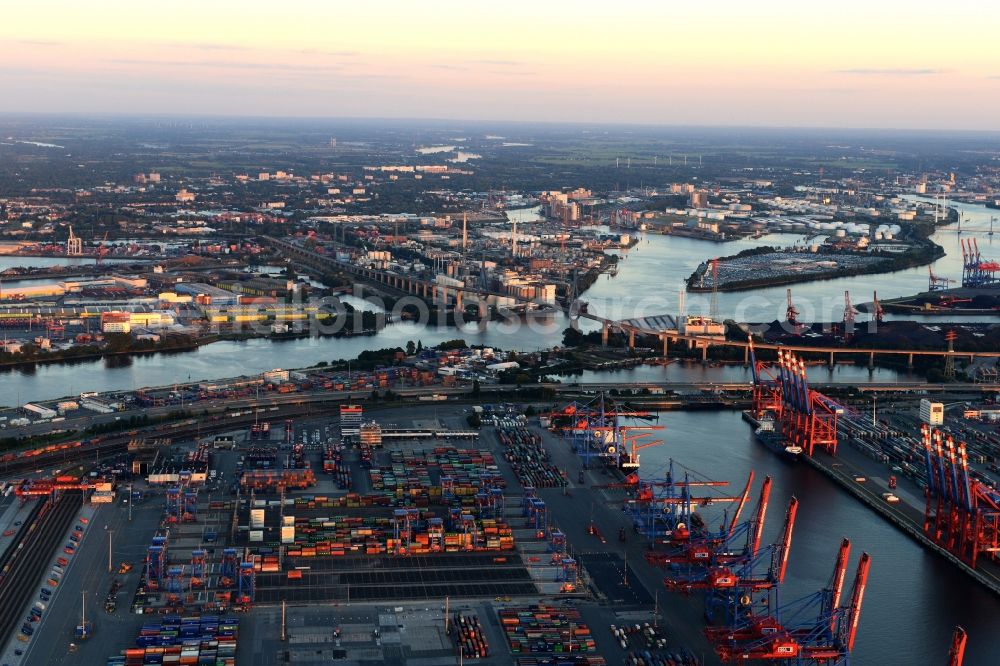 Hamburg from above - Container Terminal in the port of DCP Dettmer Container Packing GmbH & Co. Kommanditgesellschaft along the course of the river Koehlbrand in Hamburg in Germany