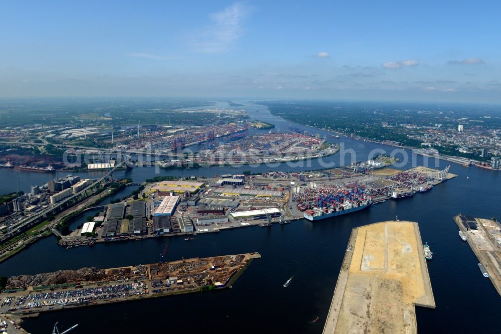 Aerial image Hamburg - Container Terminal in the port of DCP Dettmer Container Packing GmbH & Co. Kommanditgesellschaft along the course of the river Koehlbrand in Hamburg in Germany