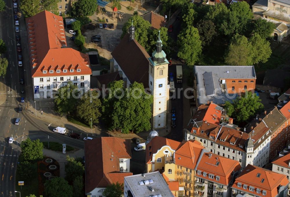 Erfurt from above - View at the Cruciskirche, which is also called Neuwerkskirche and is located in the historic city of Erfurt in the state of Thuringia