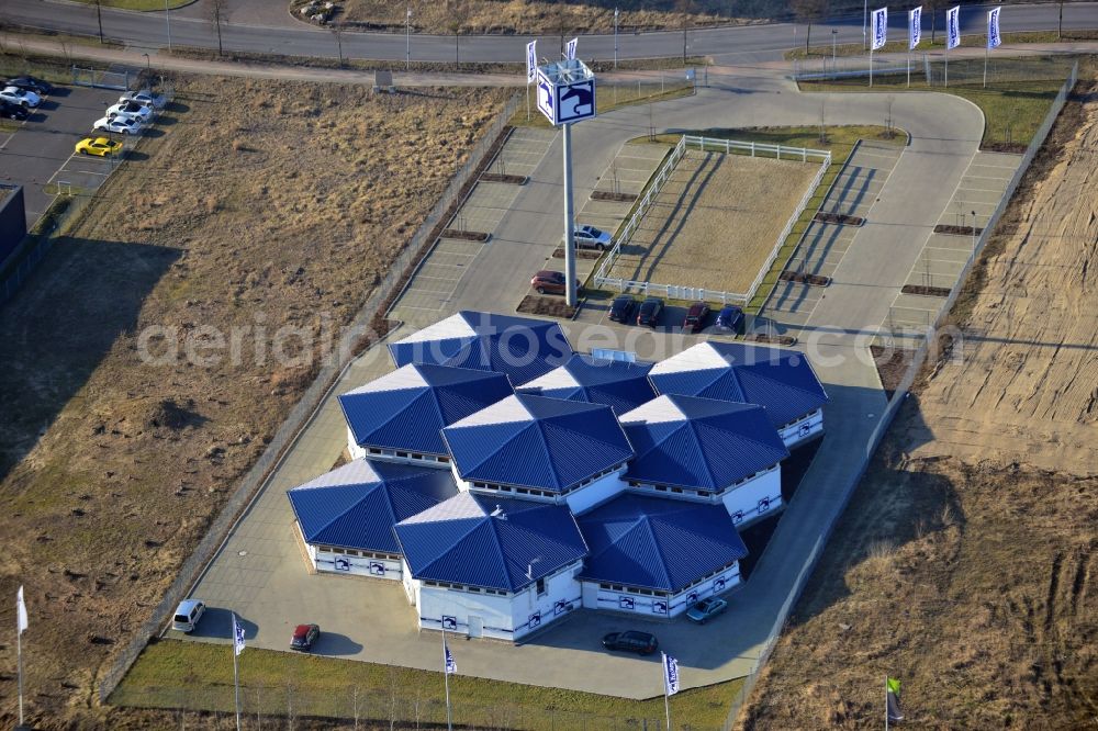 Kleinmachnow from above - Roof of the shopping center for equestrian sport in Kleinmachnow in Brandenburg