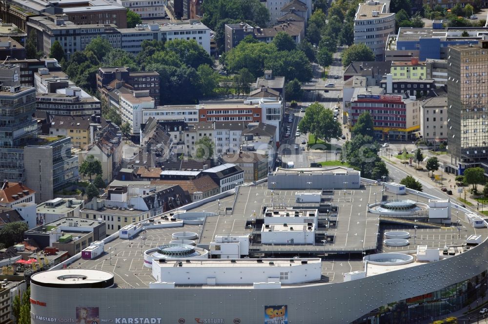 Essen from above - View onto the roof of the shopping mall at the Limbecker Platz in the inner city of Essen in the state North Rhine- Westphalia. Furthermore you can catch sight of the circumjacent residential area