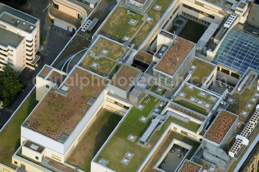 Aerial image Berlin - Building the shopping center Das Schloss (The Castle) in the Steglitz part of Berlin in Germany. The shopping mall consists of several levels which can be seen on its roof as well. It also includes a round glass roof and an old brick tower