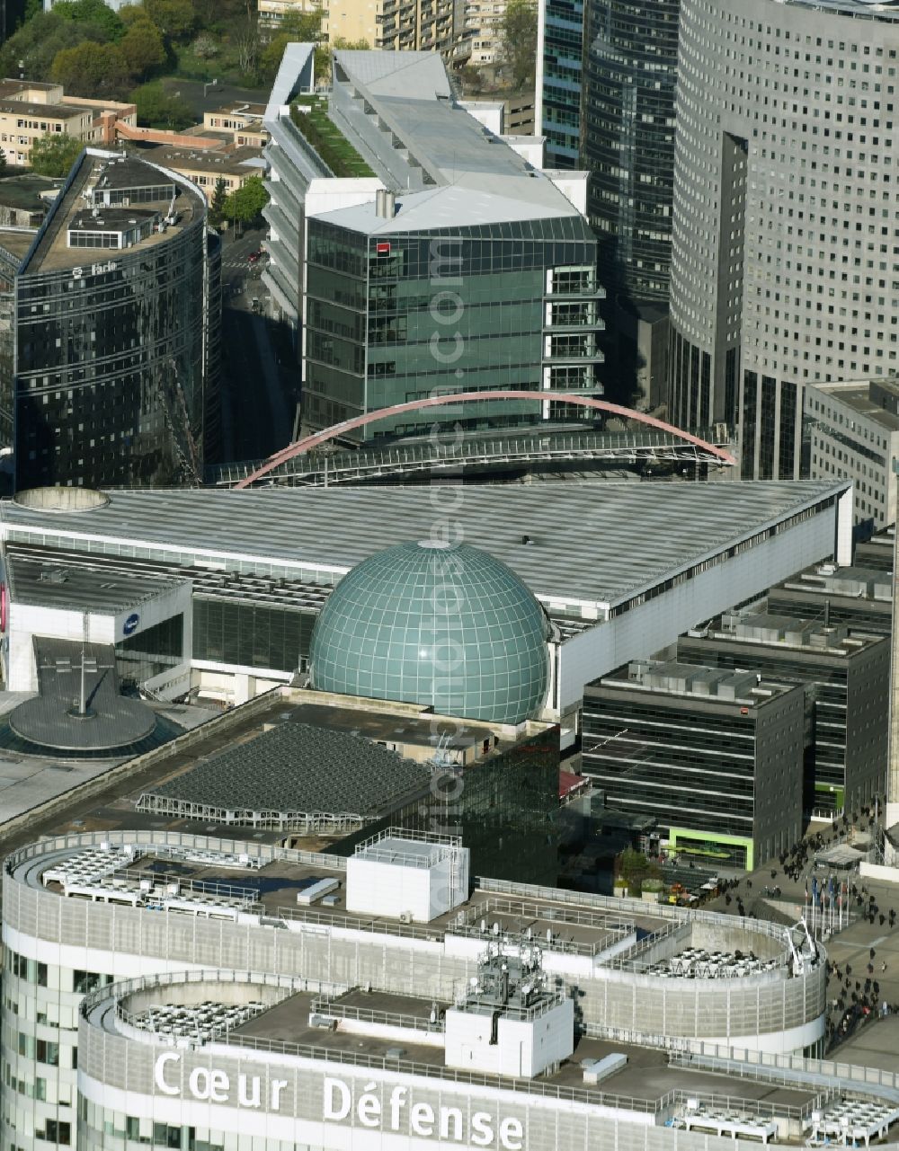 Aerial image Paris - Roof and dome of the shopping center Les 4 Temps in the highrise and business quarters La Defense in Paris in Ile-de-France, France