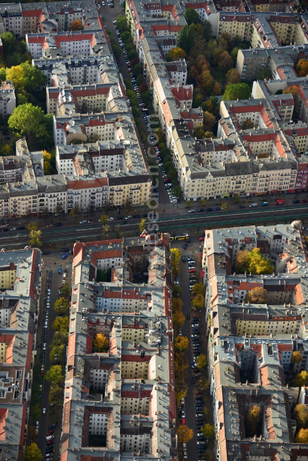 Berlin Prenzlauer Berg from above - Roof landscape of the old building - residential areas along the road Schönhauser Allee in the Prenzlauer Berg district of Berlin