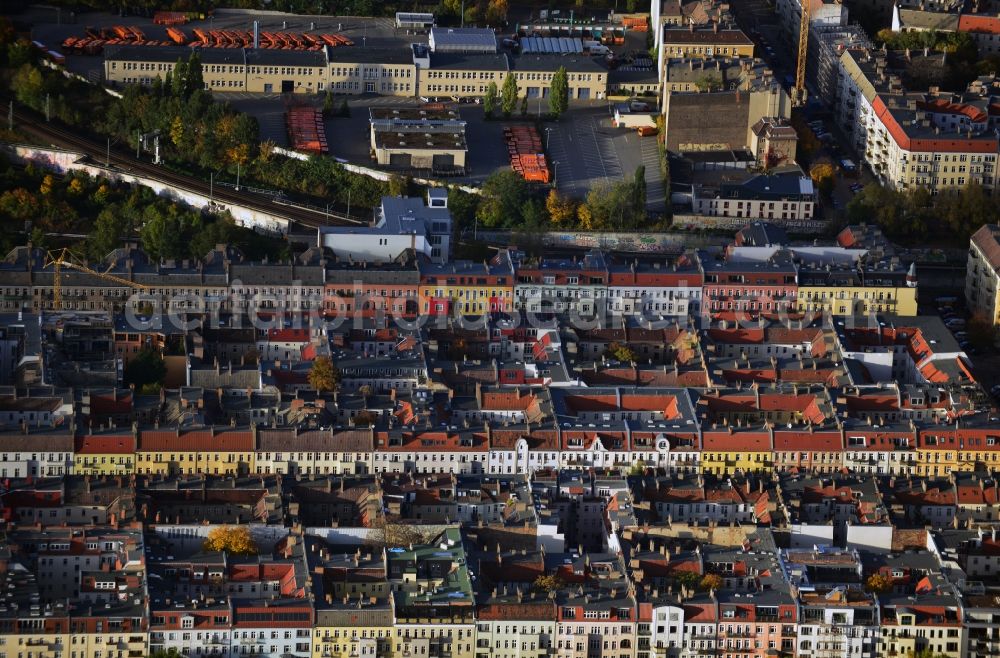 Berlin Prenzlauer Berg from above - Roof landscape of the old building - residential areas along the road Prenzlauer Allee in the Prenzlauer Berg district of Berlin