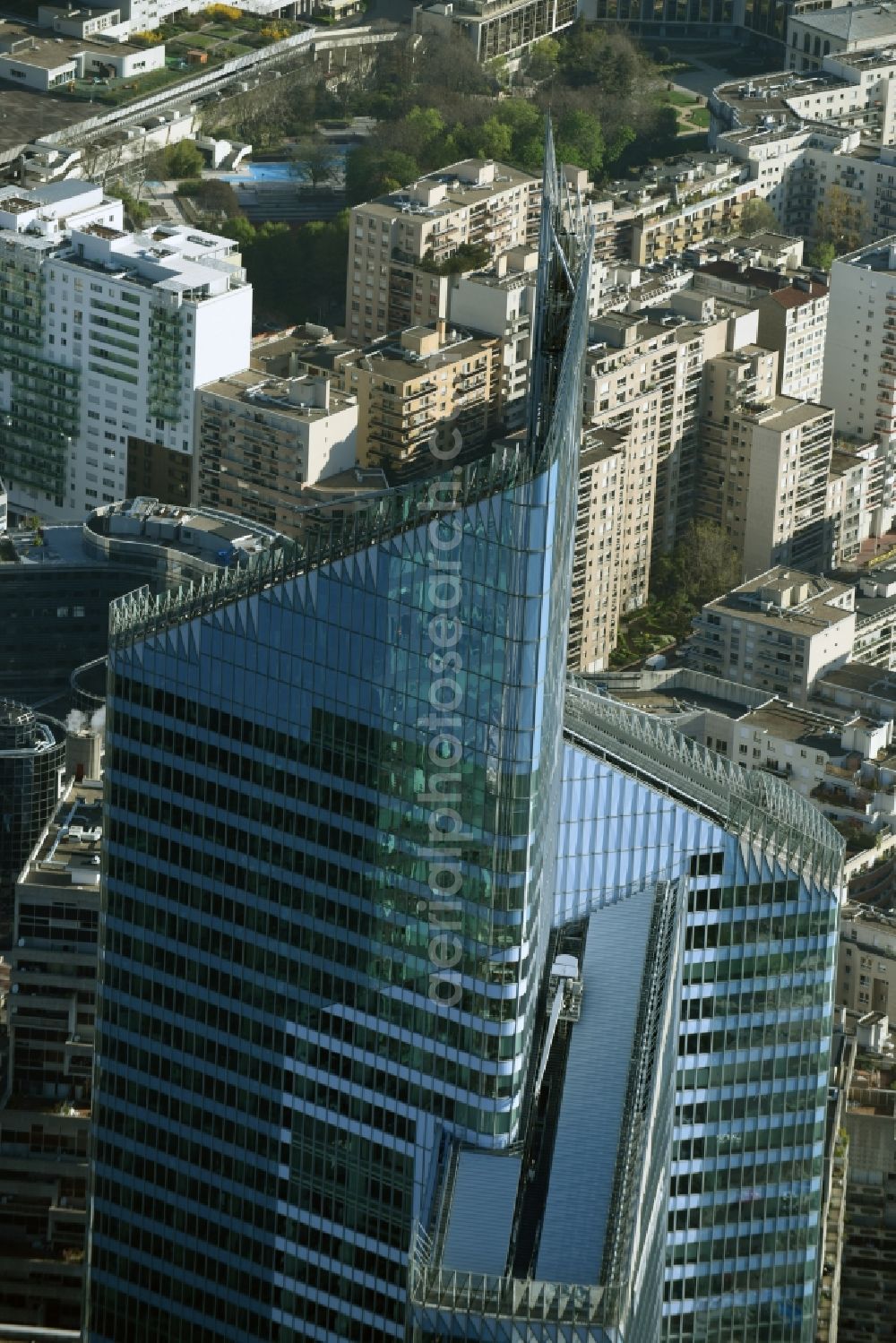 Paris from above - Roof and top of the highrise building Tour First on the Eastern End of the La Defense quarter in Paris in Ile-de-France, France