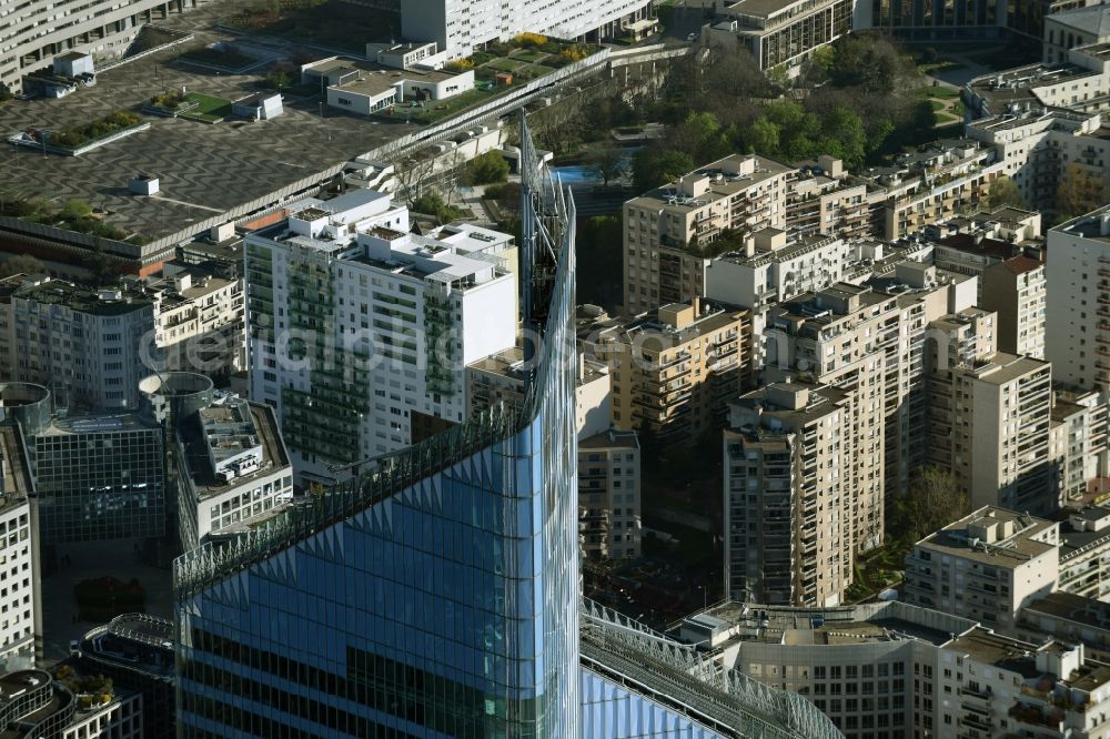 Aerial image Paris - Roof and top of the highrise building Tour First on the Eastern End of the La Defense quarter in Paris in Ile-de-France, France