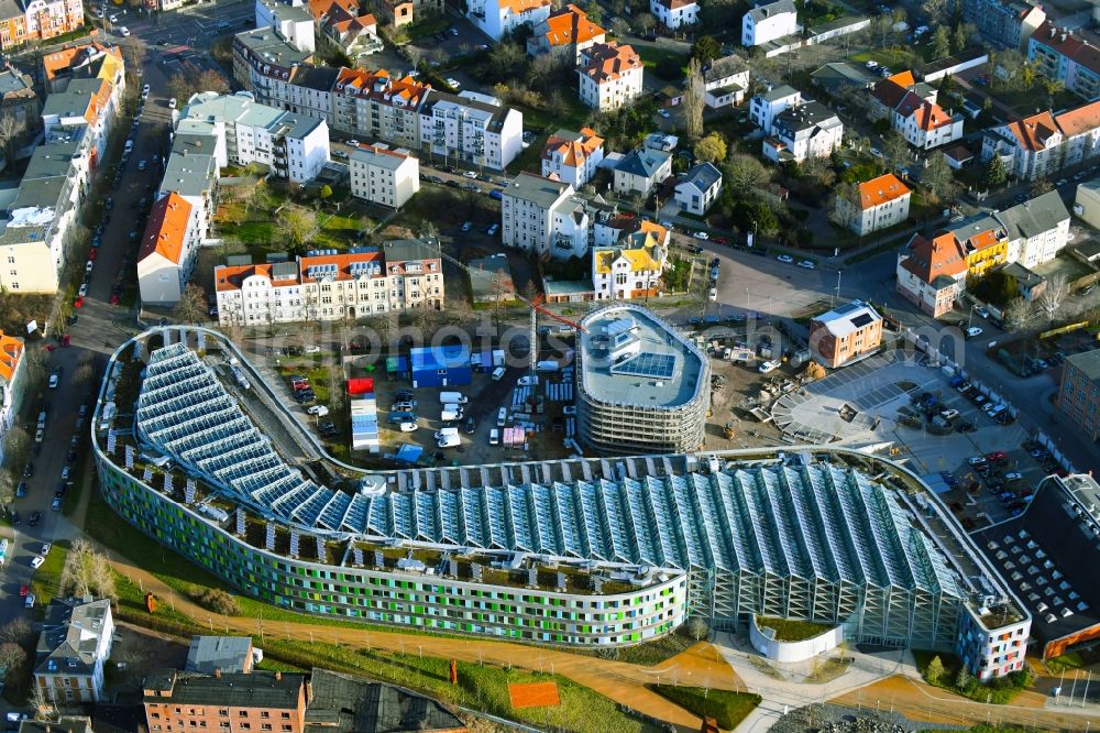 Dessau from above - Ecological roof structure on the administration building of the state authority UBA Federal Environment Agency in Dessau in the state Saxony-Anhalt, Germany