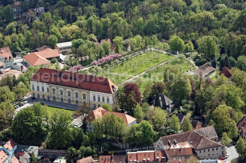 Dachau from above - The Dachau Palace on the Schlossberg of Dachau in the state Bavaria goes back to an early medieval Castle of the Counts of Dachau and was the summer residence of the Wittelsbach family. In the castle garden / courtyard is a portico of linden trees, on the terrace, the Schloss Cafe