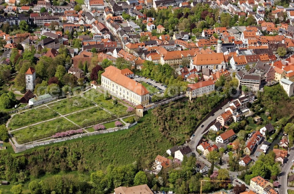 Dachau from above - The Dachau Palace on the Schlossberg of Dachau in the state Bavaria goes back to an early medieval Castle of the Counts of Dachau and was the summer residence of the Wittelsbach family. In the castle garden / courtyard is a portico of linden trees, on the terrace, the Schloss Cafe