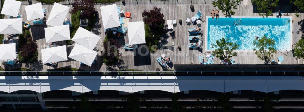 Konstanz from above - Roof garden landscape with parasols and pool on the building complex of the hotel complex RIVA in Konstanz on Lake Constance in the state Baden-Wuerttemberg, Germany