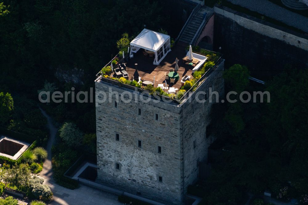 Aerial image Insel Mainau - Roof garden on the stone tower on the island of Mainau on Lake Constance in the state Baden-Wuerttemberg, Germany