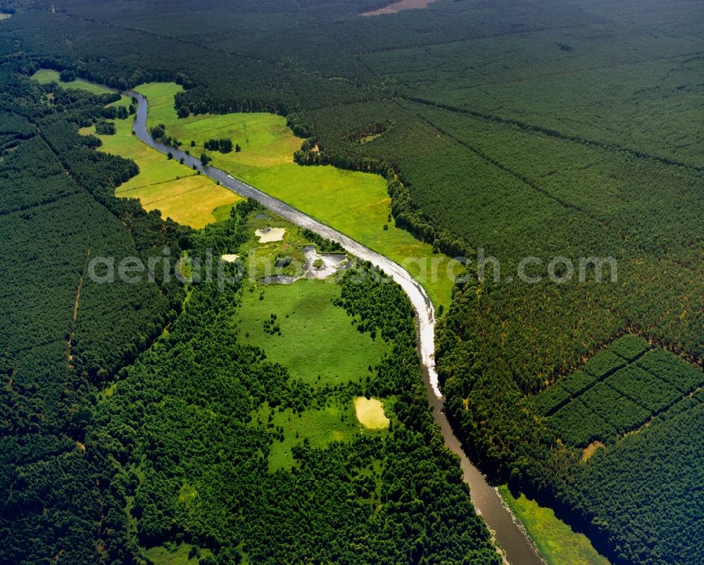 Märkisch Buchholz from the bird's eye view: Dahme Flood Relief Canal in Maerkisch-Buchholz in the state of Brandenburg. Its principal purpose is to divert water from the upper reaches of the River Spree to run into the River Dahme at Maerkisch Buchholz. Its origin can be traced to 1904