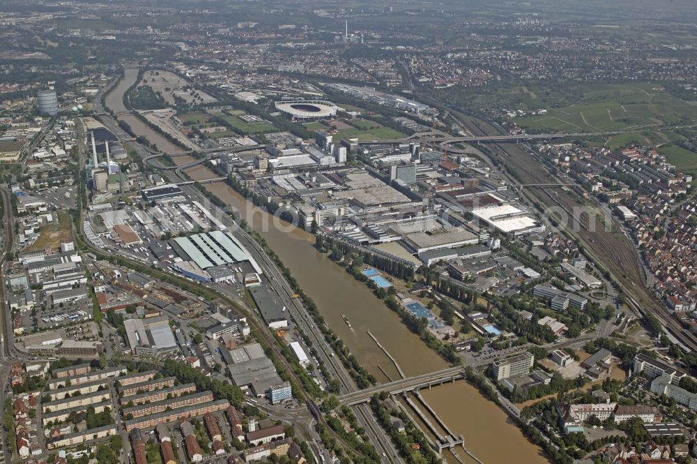 Stuttgart from above - The Daimler-factory in Stuttgart in the state Baden-Wuerttemberg is located at the bank of the river Neckar. In the background you can see the stadium Mercedes-Benz Arena