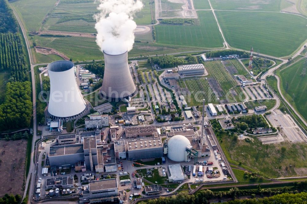 Philippsburg from above - Clouds over the cooling tower of the NPP nuclear power plant of EnBW Kernkraft GmbH, Kernkraftwerk Philippsburg on an Island in the river rhine in Philippsburg in the state Baden-Wuerttemberg, Germany