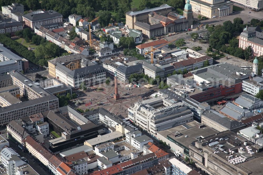 Aerial image Darmstadt - Darmstadt, Luis square, city center of Darmstadt, named after Grand Duchess Luise Henriette Caroline of Hesse-Darmstadt, the wife of Ludwig I of Hesse-Darmstadt. with the Ludwigsmonument, behind the regional council in the college building