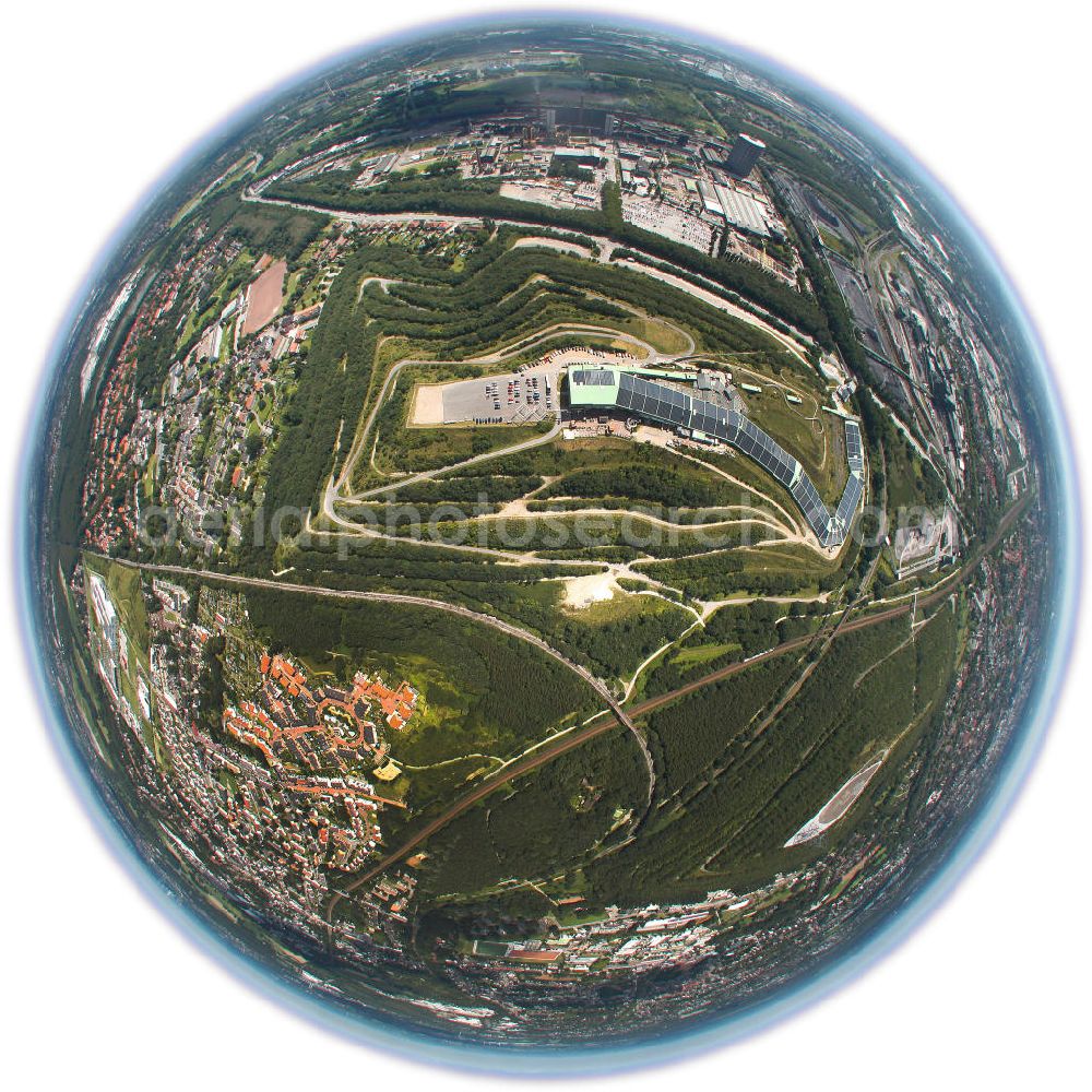 Aerial image Bottrop - Fisheye motive of the alpine center Bottrop in North Rhine-Westphalia. The center is a theme park for winter sports and is located on Halde Prosperstraße. Furthermore the area provides a high ropes course and an indoor paintball area