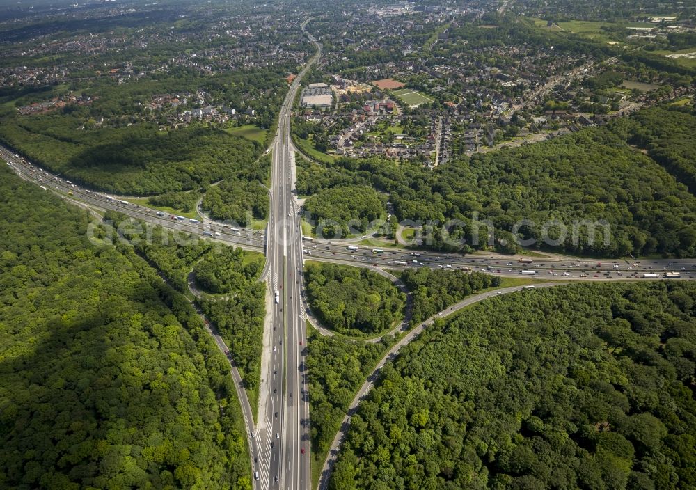 Oberhausen from above - The motorway interchange Oberhausen in the state of North Rhine-Westphalia. The motorway junction lies in the middle of Ruhr region close to the city of Oberhausen. It is an important traffic junction and transport nodal point between A3 coming from the Netherlands and A2. This makes it one of the most important East-West-Connections in Germany