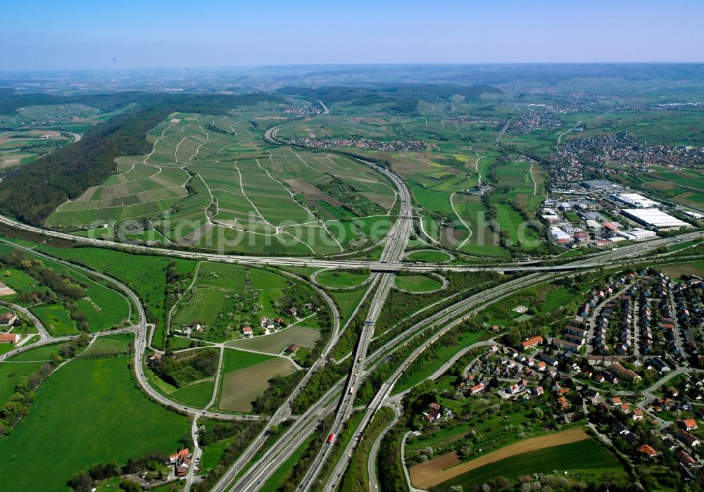 Weinsberg from above - The motorway junction Weinsberg at the city of Weinsberg in the state of Baden-Württemberg. It connects the A6 and A81. It is one of the main interchanges connecting the motorway North and South. The interchange, which is a variation of the clover leaf intersection, was built between 1966 and 1970. It is located in the valley of the river Sulm