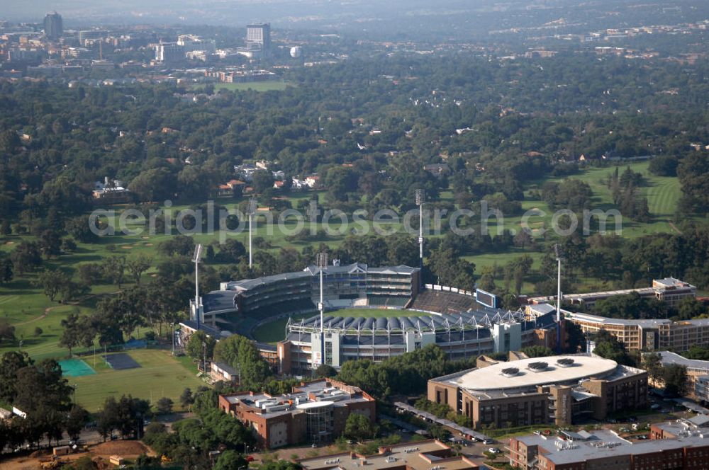 Aerial photograph JOHANNESBURG - View of the Bidvest Wan derers Cricket Stadium in the Sandton district of Johannesburg, South Africa. The stadium was built in 1956 and has a capacity of 34,000 seats. In 2003, the finals of the Cricket Wolrd Cup took place in here