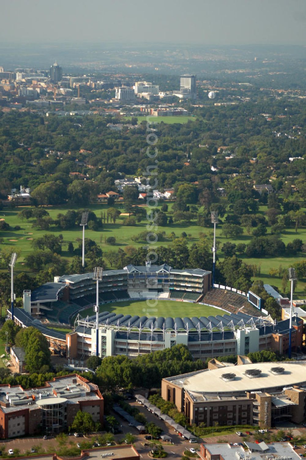 JOHANNESBURG from above - View of the Bidvest Wan derers Cricket Stadium in the Sandton district of Johannesburg, South Africa. The stadium was built in 1956 and has a capacity of 34,000 seats. In 2003, the finals of the Cricket Wolrd Cup took place in here