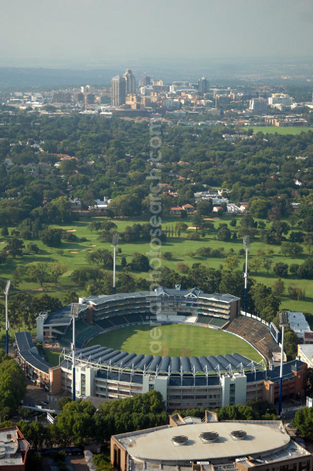 Aerial image JOHANNESBURG - View of the Bidvest Wan derers Cricket Stadium in the Sandton district of Johannesburg, South Africa. The stadium was built in 1956 and has a capacity of 34,000 seats. In 2003, the finals of the Cricket Wolrd Cup took place in here