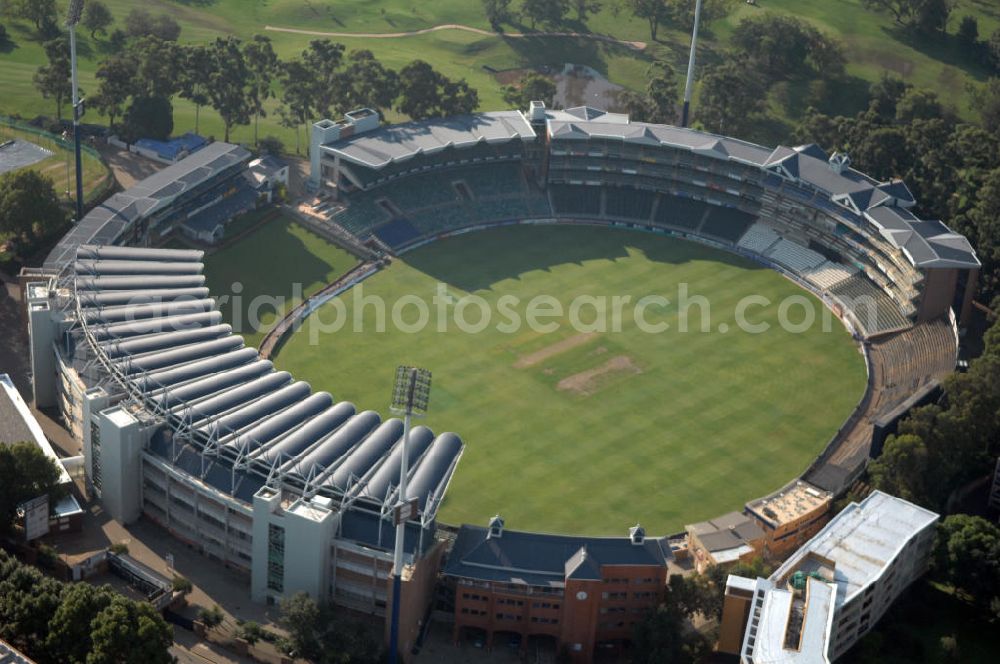 Aerial photograph JOHANNESBURG - View of the Bidvest Wan derers Cricket Stadium in the Sandton district of Johannesburg, South Africa. The stadium was built in 1956 and has a capacity of 34,000 seats. In 2003, the finals of the Cricket Wolrd Cup took place in here