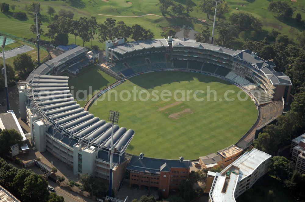 JOHANNESBURG from above - View of the Bidvest Wan derers Cricket Stadium in the Sandton district of Johannesburg, South Africa. The stadium was built in 1956 and has a capacity of 34,000 seats. In 2003, the finals of the Cricket Wolrd Cup took place in here