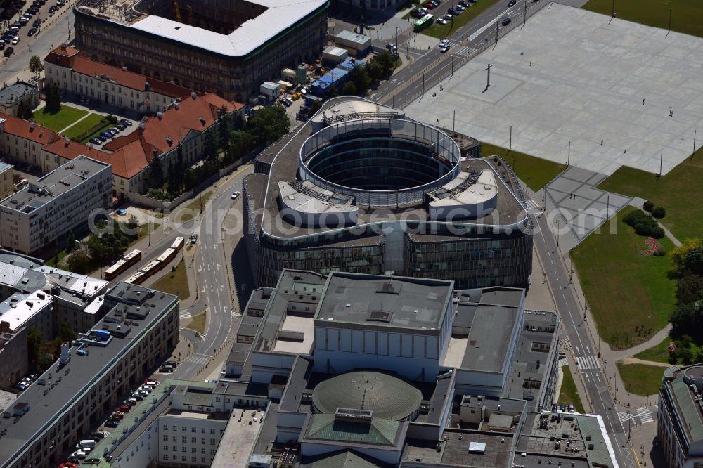 Warschau from above - The office building Metropolitan on Pilsudski Square in downtown Warsaw in Poland. The office building Metropolitan on Pilsudski Square, designed by Foster and Partners and run by Regus, is directly behind the National Theatre Teatr Wielki