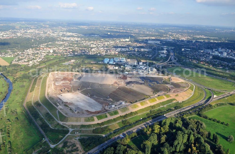 Leverkusen from above - View of the disposal center Leverkusen-Bürrig in North Rhine-Westphalia. The garbage dump is operatet by the Currenta GmbH & Co. OHG