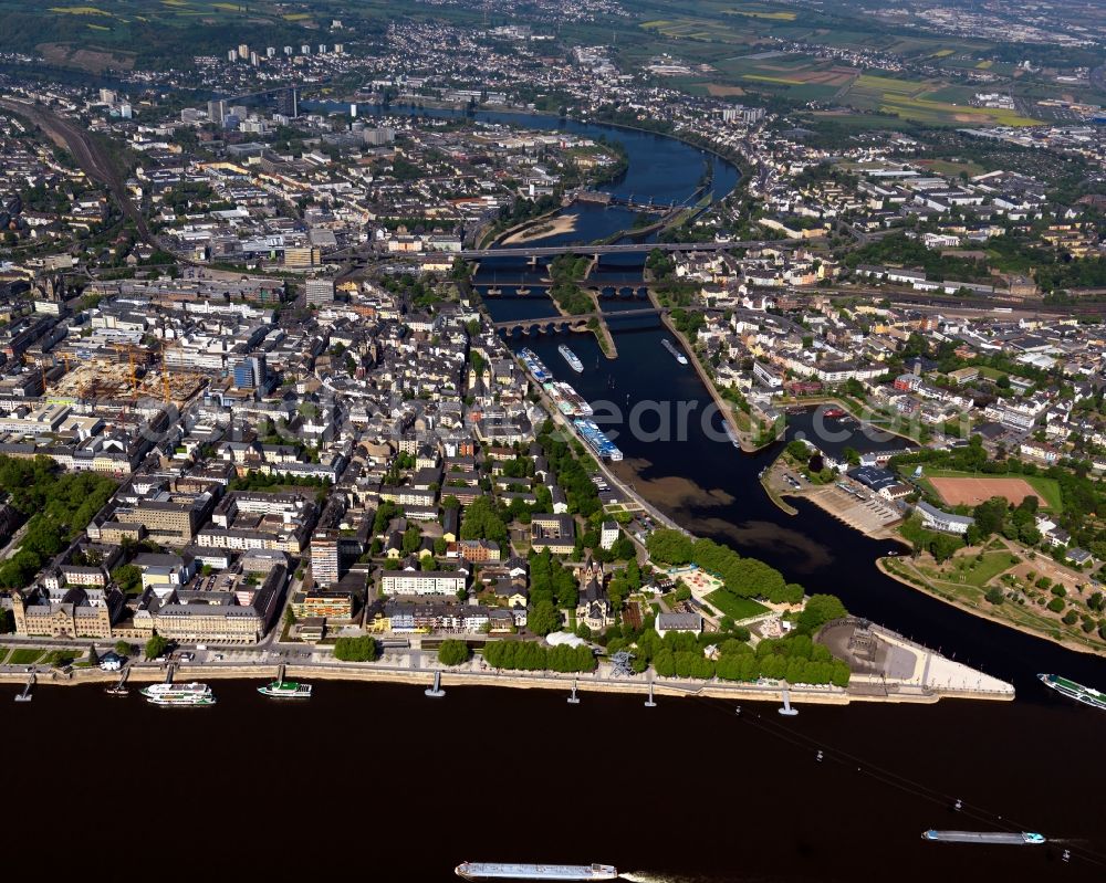 Koblenz from the bird's eye view: Deutsches Eck (German Corner) in Koblenz in the state of Rhineland-Palatinate. The corner is an artificial headland where the Moselle joins the Rhine. It is the city's landmark