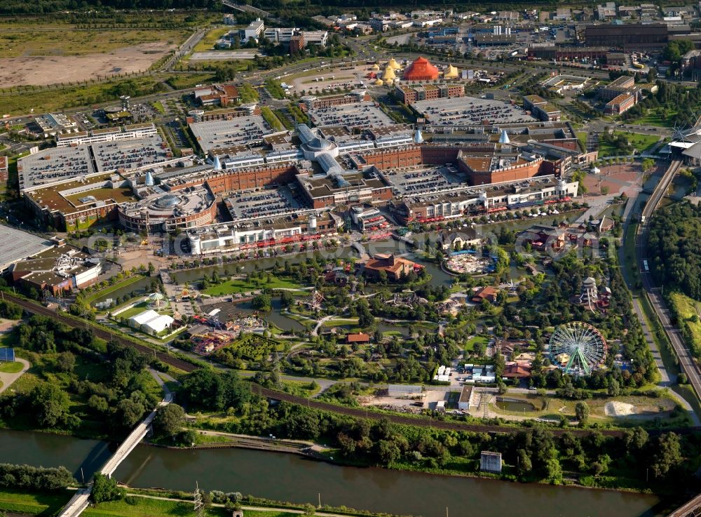 Oberhausen from above - The CentrO is one of the largest shopping centers and urban entertainment center in Germany. It forms the core of the new center of Oberhausen. Over 250 retail shops spread out geographically in different areas, arranged on two floors of the mall