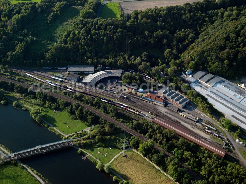 Aerial photograph Bochum - The railway museum in the Dahlhausen part of Bochum in the state of North Rhine - Westphalia. The museum is located on the grounds of the former railway works and includes a water tower, workshops, a platform and a light railway