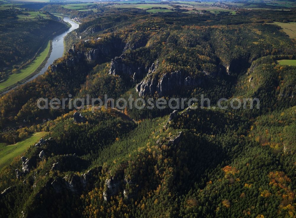 Aerial image Stadt Wehlen - The Elbe Sandstone Mountains is constructed mainly of sandstone mountain range on the upper reaches of the river Elbe in Saxony (Germany) and North Bohemia (Czech Republic). The German part is commonly referred to as Saxon Switzerland. The now frequently used term Bohemian-Saxon Switzerland is derived from it