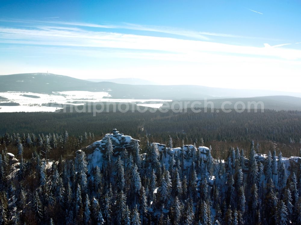 Aerial image Wunsiedel - The Fichtel Mountains in the state of Bavaria. The mountains are located between the cities of Hof and Weiden. Originally known for mining activities, it is today renowned as a tourism location. In winter, with its snowy mountain tops, it is a favoured location for wintersports