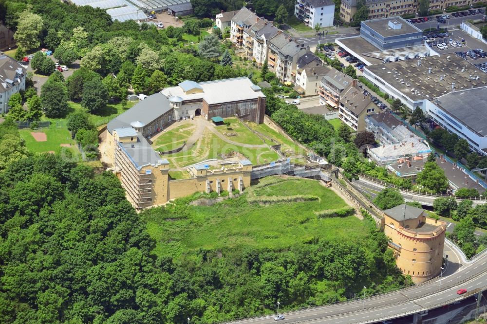 Aerial image Koblenz - The fort Großfürst Konstantin in the Karthause district of the city of Koblenz in the state of Rhineland - Palatinate. The fort is located on the Hunsrück mountain in the West of Koblenz main train station. The fort is part of the former stronghold and fortress of the city, overlooking the Rhine river. During the second World War, it was used for air raid protection and as a bunker