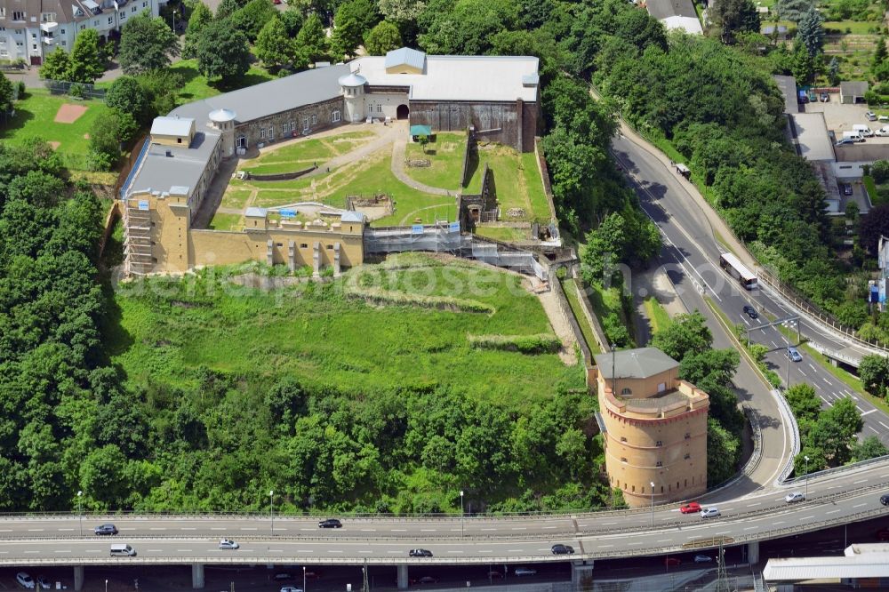 Koblenz from above - The fort Großfürst Konstantin in the Karthause district of the city of Koblenz in the state of Rhineland - Palatinate. The fort is located on the Hunsrück mountain in the West of Koblenz main train station. The fort is part of the former stronghold and fortress of the city, overlooking the Rhine river. During the second World War, it was used for air raid protection and as a bunker