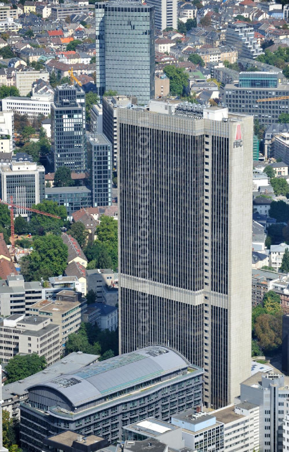 Aerial image Frankfurt am Main - The business center Frankfurt or FBC in Frankfurt on the Main. The main tenant of this high-rise building is the international lawyer's office Clifford Chance