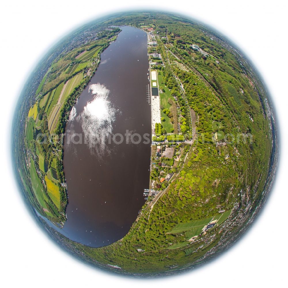 Essen from the bird's eye view: The open air bath Baldeney at lake Baldeney in Essen in the state of North Rhine-Westphalia. The lido lies directly at the water reservoir of the river Ruhr in the South of the city and is renowned as a water sports and recreational area. The bath is in use since the 1930s and is today run as the Seaside Beach