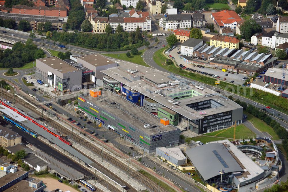 Aerial photograph Bielefeld - View of the new station area in Bielefeld, a leisure and service center at the Central Station. It contains a cinema complex , a restaurant building and the swimming and leisure pool Ishara. In 1999, the site was opened