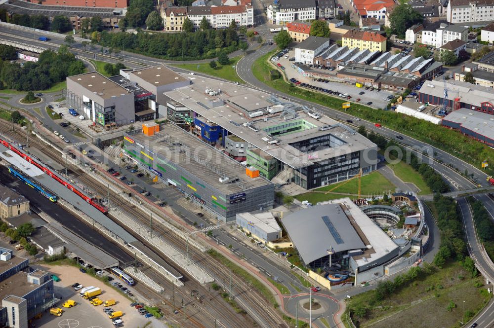 Bielefeld from above - View of the new station area in Bielefeld, a leisure and service center at the Central Station. It contains a cinema complex , a restaurant building and the swimming and leisure pool Ishara. In 1999, the site was opened