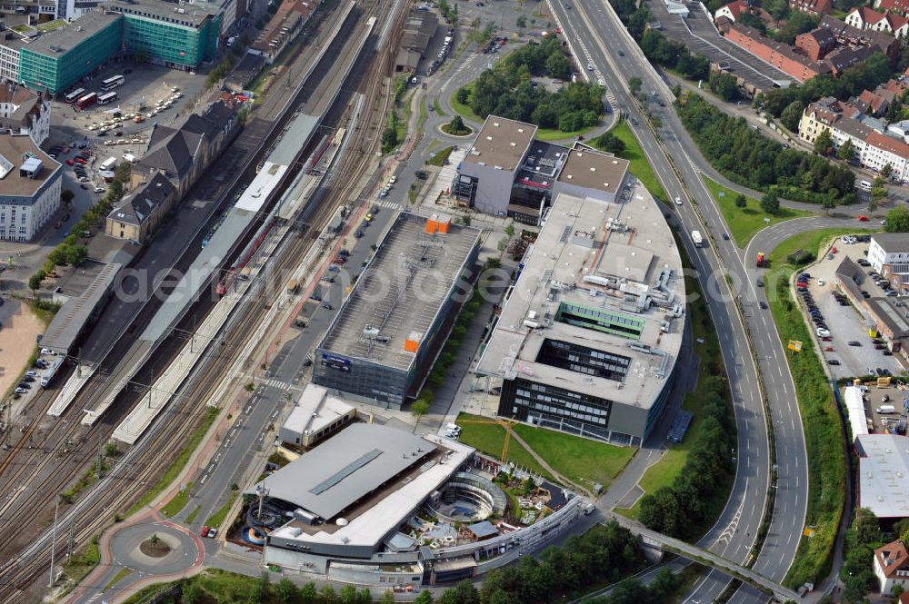 Bielefeld from above - View of the new station area in Bielefeld, a leisure and service center at the Central Station. It contains a cinema complex , a restaurant building and the swimming and leisure pool Ishara. In 1999, the site was opened