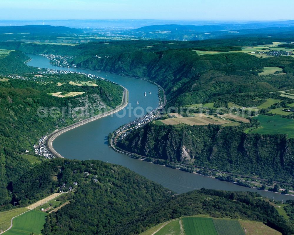 Aerial image Sankt Goarshausen - The area of the shale rock Loreley on the Eastern Rhine shore in Sankt Goarshausen in the state of Rhineland-Palatinate. The rock causes a narrow passage of the river which runs in tight corners through the valley. Because of this, the region is renowned as being dangerous for shipping and boats and from time to time there are accidents. The rock itself is a beloved tourist and trip target