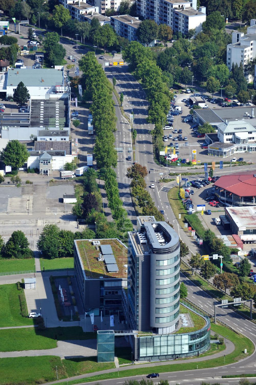 Aerial image Bietigheim-Bissingen - Das Gebäude der Porsche Consulting GmbH an der Porschestraße in Bietigheim - Bissingen. Das Haus ist ein Projekt der Firma Dierig Architekten. The building of the Porsche Consulting GmbH at the Porschestrasse in Bietigheim-Bissingen.