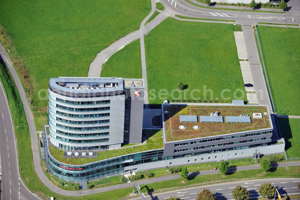 Aerial photograph Bietigheim-Bissingen - Das Gebäude der Porsche Consulting GmbH an der Porschestraße in Bietigheim - Bissingen. Das Haus ist ein Projekt der Firma Dierig Architekten. The building of the Porsche Consulting GmbH at the Porschestrasse in Bietigheim-Bissingen.