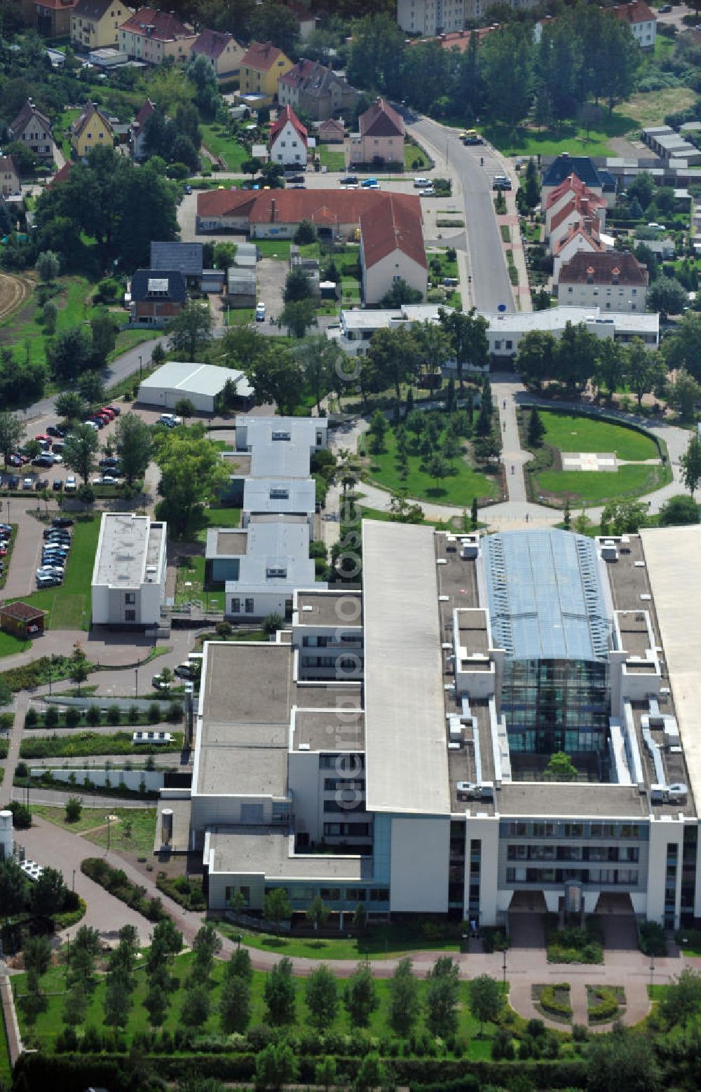 Bitterfeld from above - View at the hospital building and the adjoining park of the health center in Bitterfeld-Wolfen