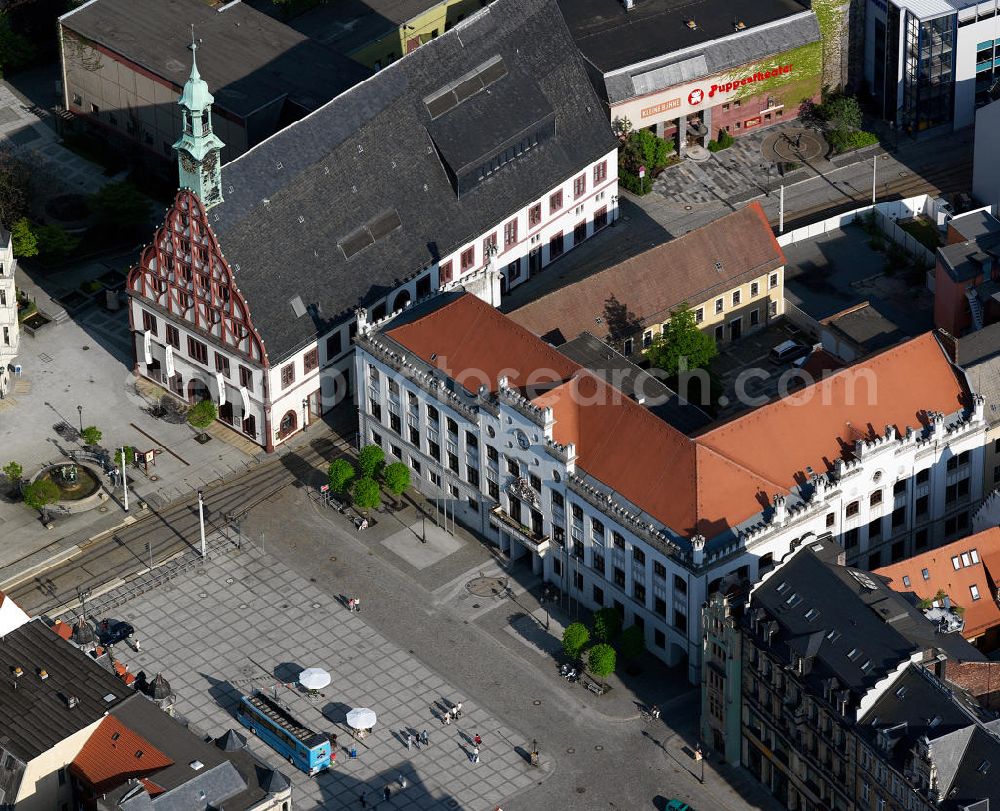 Aerial photograph Zwickau - The Gewandhaus is the central landmark of the city of Zwickau. It was errected from 1522 to 1525, built in late Gothic style with Renaissance elements and gable. Since 1823, it serves as the municipal theater